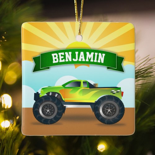 Green Monster Truck Personalized Name Kids Room Ceramic Ornament