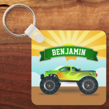Green Monster Truck Personalized Name Kids Room Keychain by ShabzDesigns at Zazzle