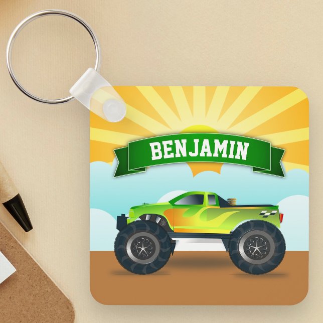 Green Monster Truck Personalized Name Kids Room Keychain (Creator Uploaded)