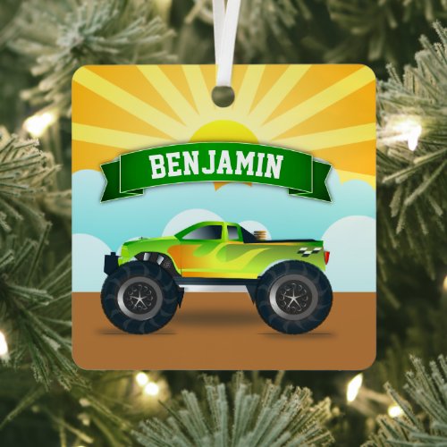 Green Monster Truck Personalized Name Kids Room Metal Ornament