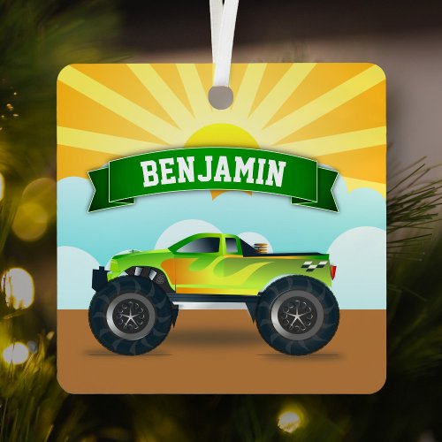 Green Monster Truck Personalized Name Kids Room Metal Ornament