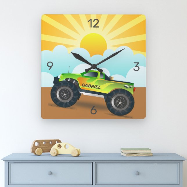 Green Monster Truck Personalized Name Kids Room Square Wall Clock (Creator Uploaded)