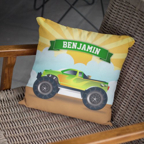 Green Monster Truck Personalized Name Kids Room Throw Pillow