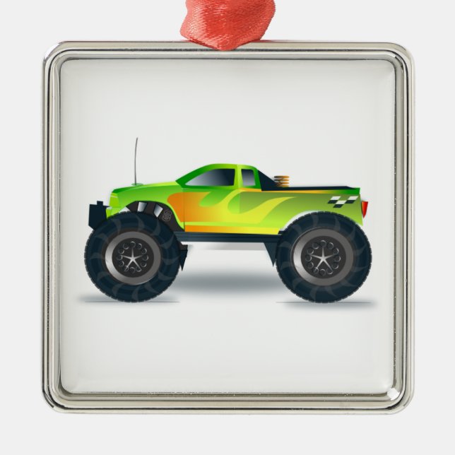 Green Monster Truck with Flames Painted On Side Metal Ornament (Front)
