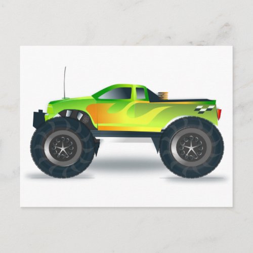 Green Monster Truck with Flames Painted On Side Postcard