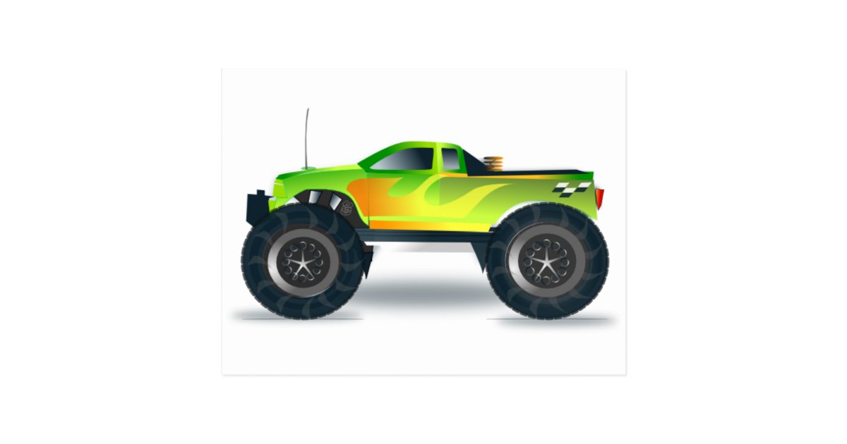Green Monster Truck With Flames Painted On Side Postcard Zazzle