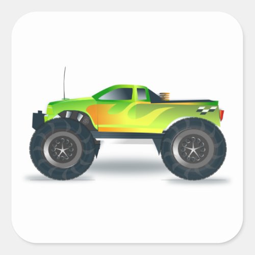 Green Monster Truck with Flames Painted On Side Square Sticker