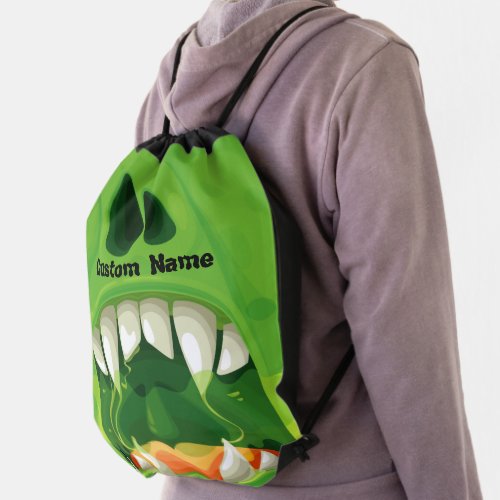 Green Monster with Big Teeth Drawstring Bag