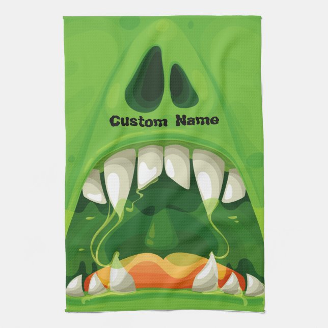 Green Monster with Big Teeth Kitchen Towel (Vertical)