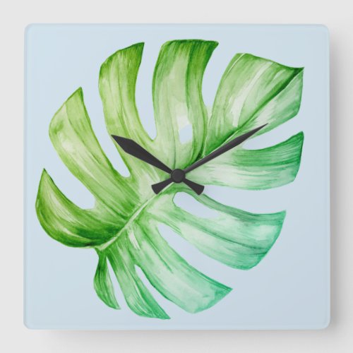 Green  Monstera Leaf Botanical Tropical Blue Square Wall Clock