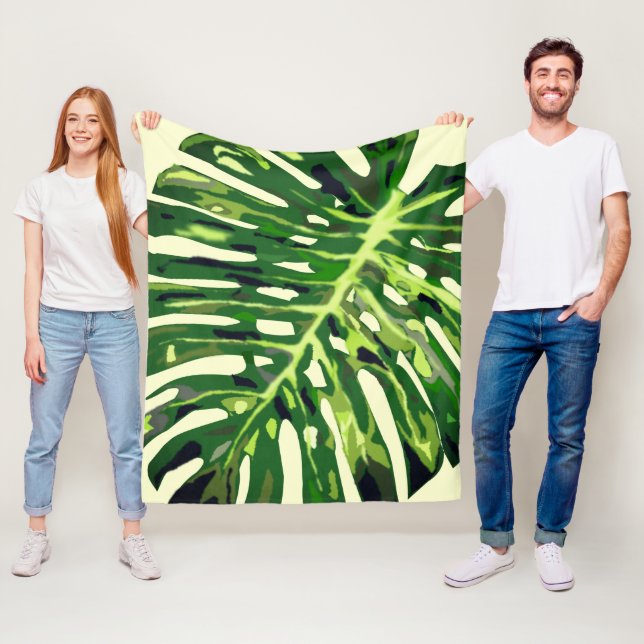 Green Monstera Leaf Fleece Blanket - Choose Color (In Situ)