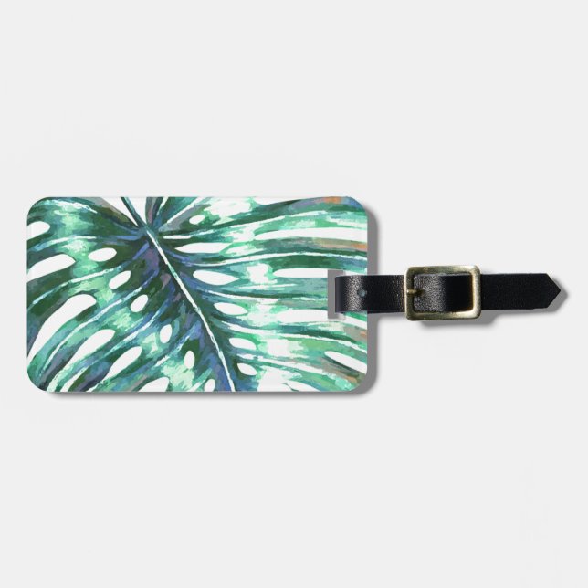 Green monstera leaf palm tropical luggage tag (Front Horizontal)