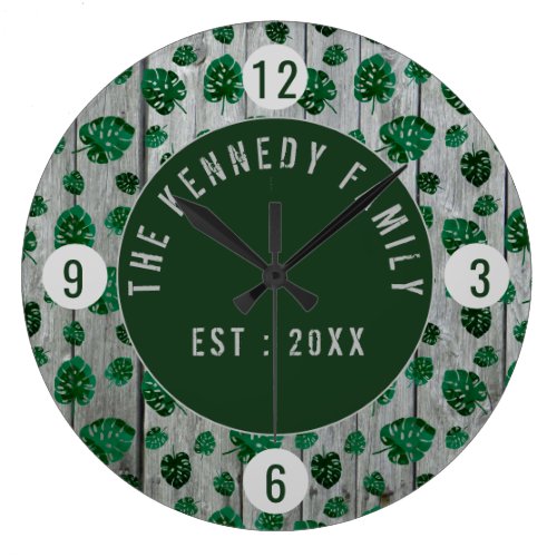 Green Monstera Leaf Pattern On Wood Pallet Large Clock