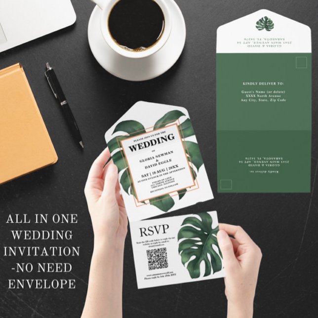Green Monstera Leaf QR Code All In One Invitation (Creator Uploaded)