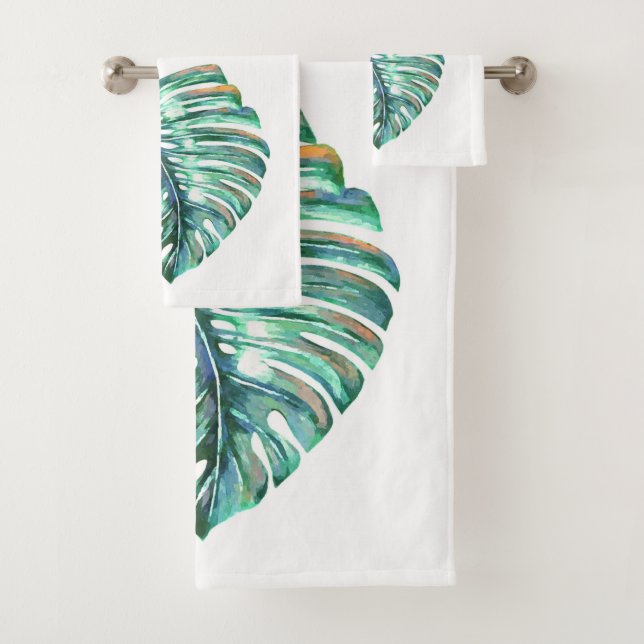 Green Monstera Leaf Watercolor Bath Towel Set (Insitu)