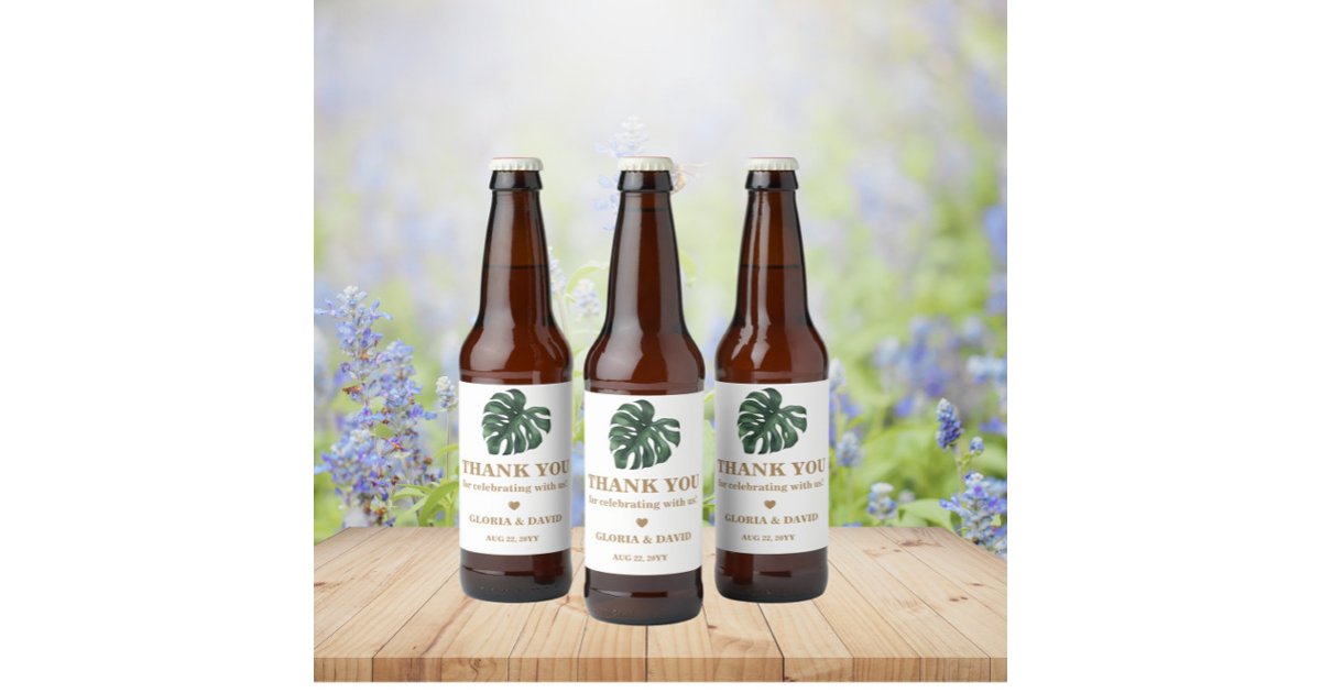 Green Monstera Leaf Wedding Beer Bottle Label | Zazzle