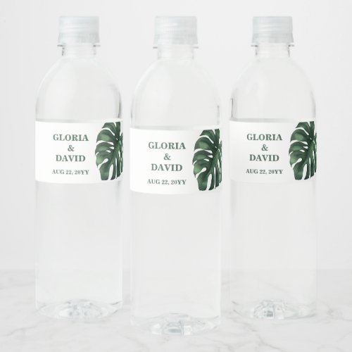 Green Monstera Leaf  Wedding  Water Bottle Label