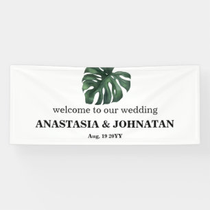Green Monstera Leaf Wedding Welcome Banner