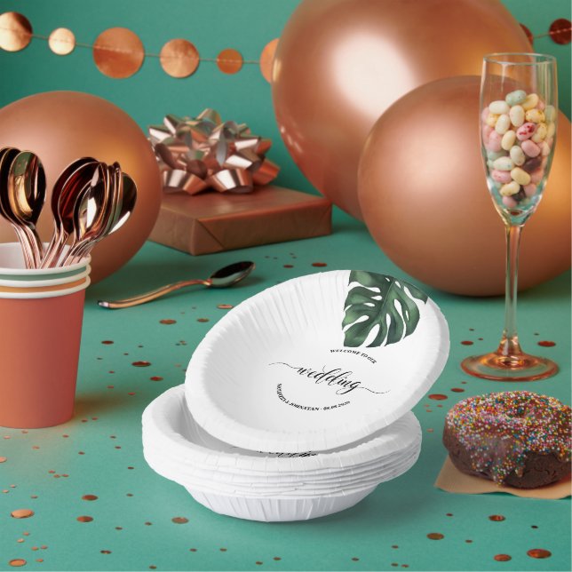 Green Monstera Leaf  Wedding  welcome  Paper Bowls (Multi)