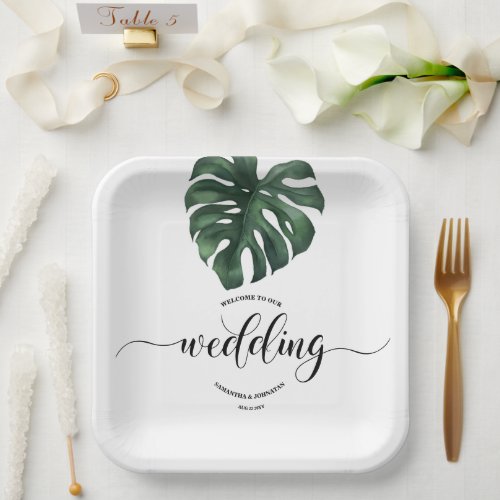 Green Monstera Leaf  Wedding  welcome Paper Plates