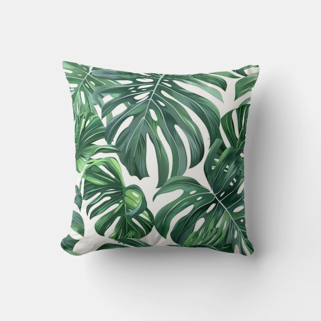 Green monstera leave pattern exotic flora throw pillow (Front)
