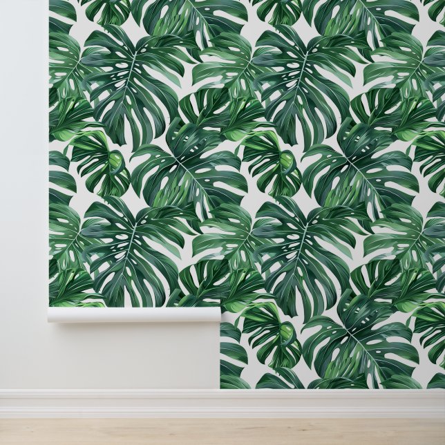 Green monstera leave pattern exotic flora wallpaper  (Application)