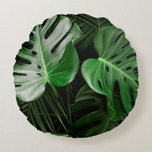 Green monstera leaves and palm leaves round pillow (Front)