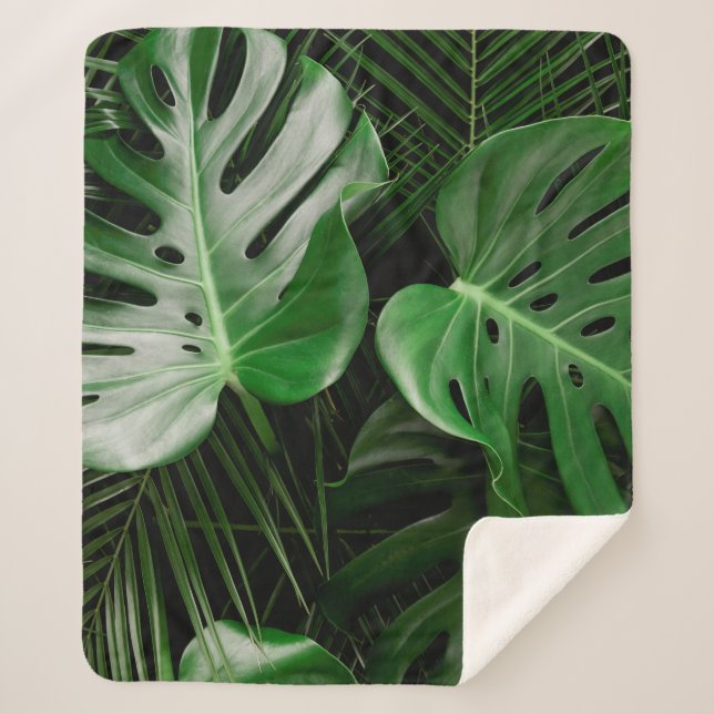 Green monstera leaves and palm leaves sherpa blanket (Front)