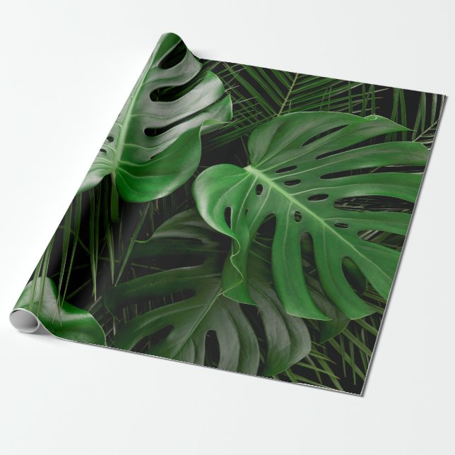 Green monstera leaves and palm leaves wrapping paper (Unrolled)