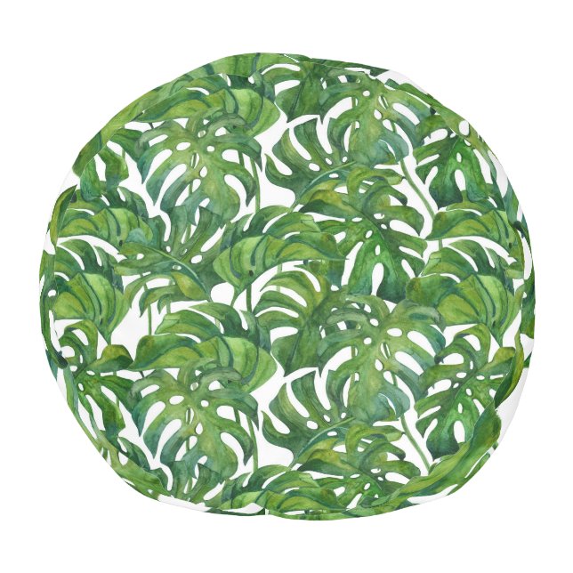 Green Monstera Leaves Tropical Seamless Pouf (Bottom)