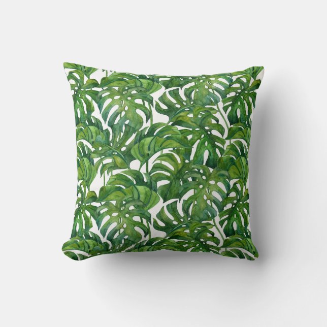 Green Monstera Leaves Tropical Seamless Throw Pillow (Front)