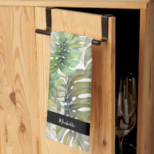 Green Monstera Palm Chef Monogrammed Kitchen Towel