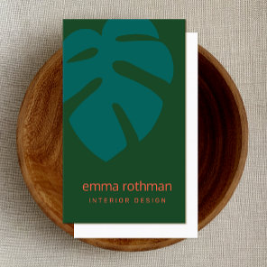 Green  Monstera Tropical Leaf  Interior Design Business Card