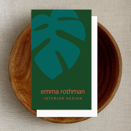 Green Monstera Tropical Leaf Interior Design Business Card