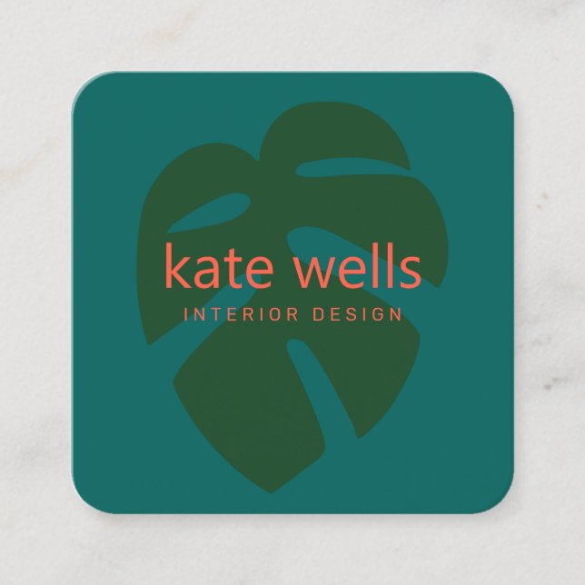 Green Monstera Tropical Leaf Logo Interior Design Square Business Card (Front)