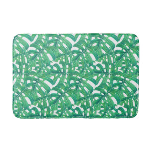 Green monstera tropical leaves pattern bathroom mat