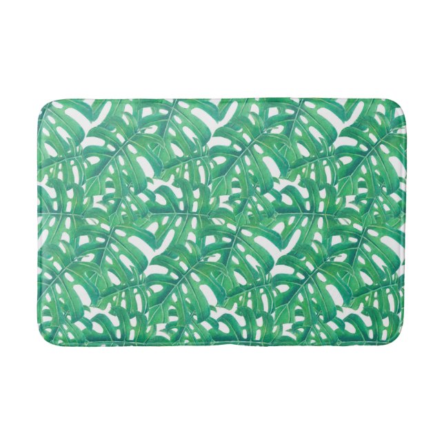 Green monstera tropical leaves pattern bathroom mat (Front)