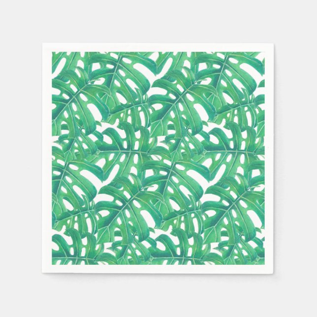 Green monstera tropical leaves pattern napkins (Front)