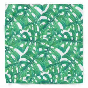 Green monstera tropical leaves pattern on white b bandana