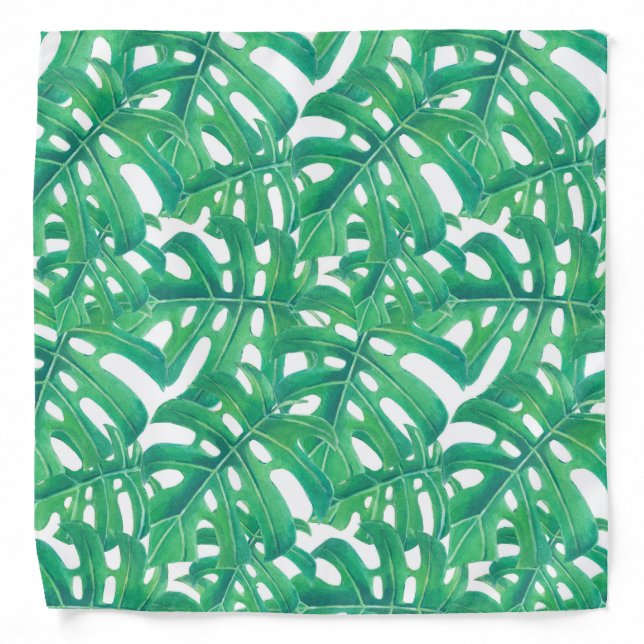Green monstera tropical leaves pattern  on white b bandana (Front)
