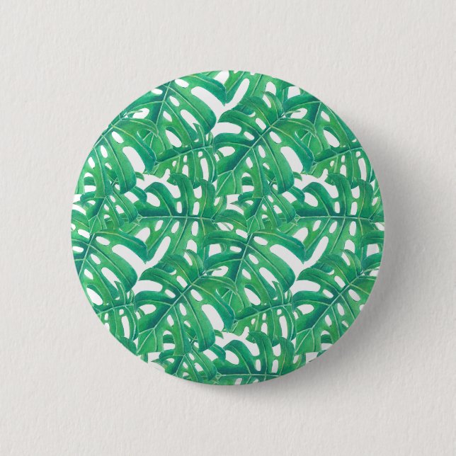 Green monstera tropical leaves pattern  on white b pinback button (Front)
