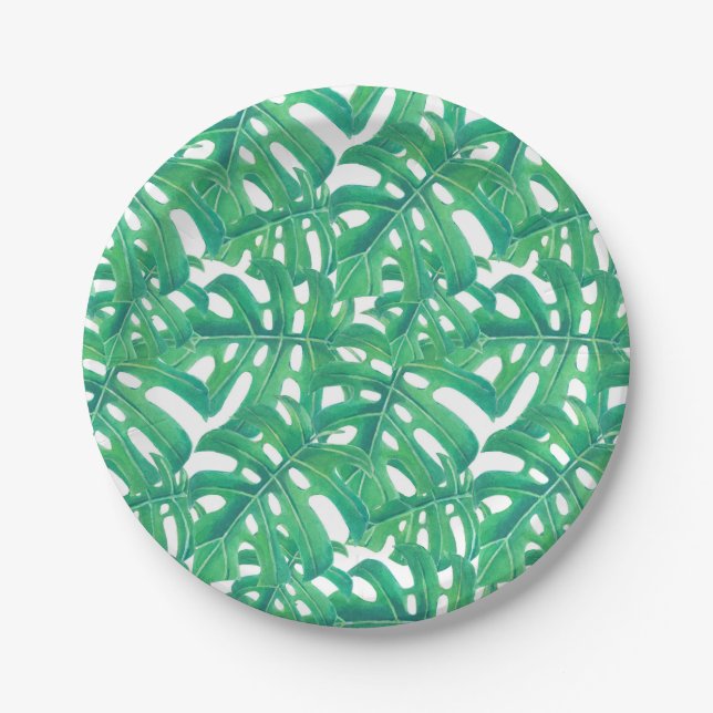 Green monstera tropical leaves pattern paper plates (Front)