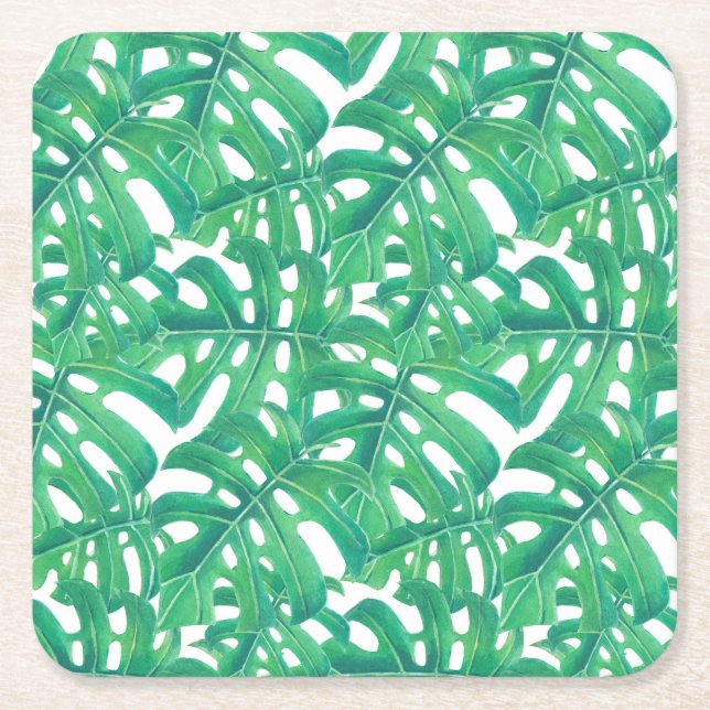 Green monstera tropical leaves pattern square paper coaster (Front)
