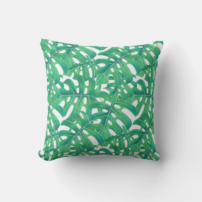 Green monstera tropical leaves pattern throw pillow (Front)
