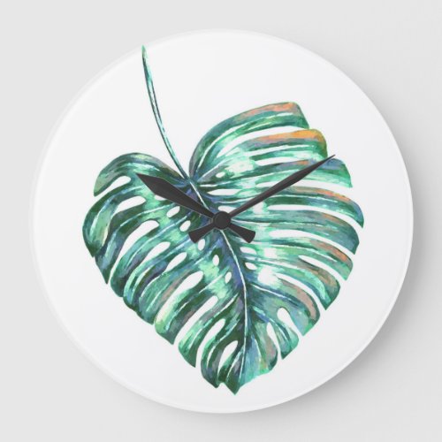 Green monstera tropical palm leaf watercolor large clock