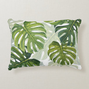 Green Monstera Tropical Watercolor Accent Pillow