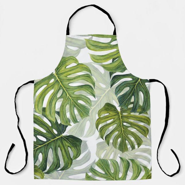 Green Monstera Tropical Watercolor Apron (Front)