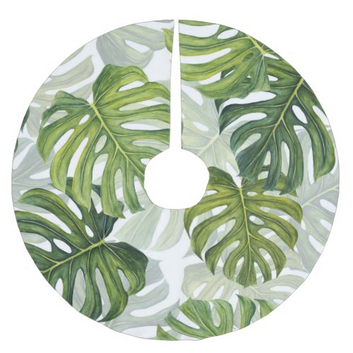 Green Monstera Tropical Watercolor Brushed Polyester Tree Skirt
