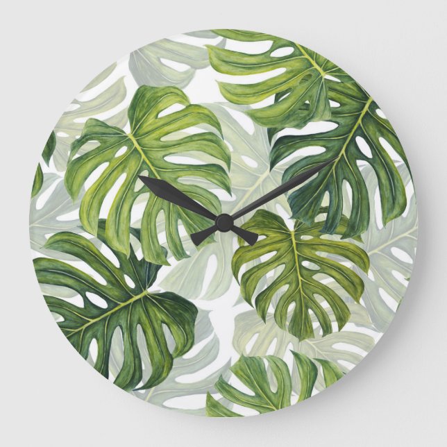 Green Monstera Tropical Watercolor Large Clock (Front)