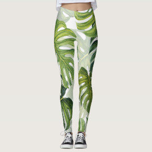 Green Monstera Tropical Watercolor Leggings